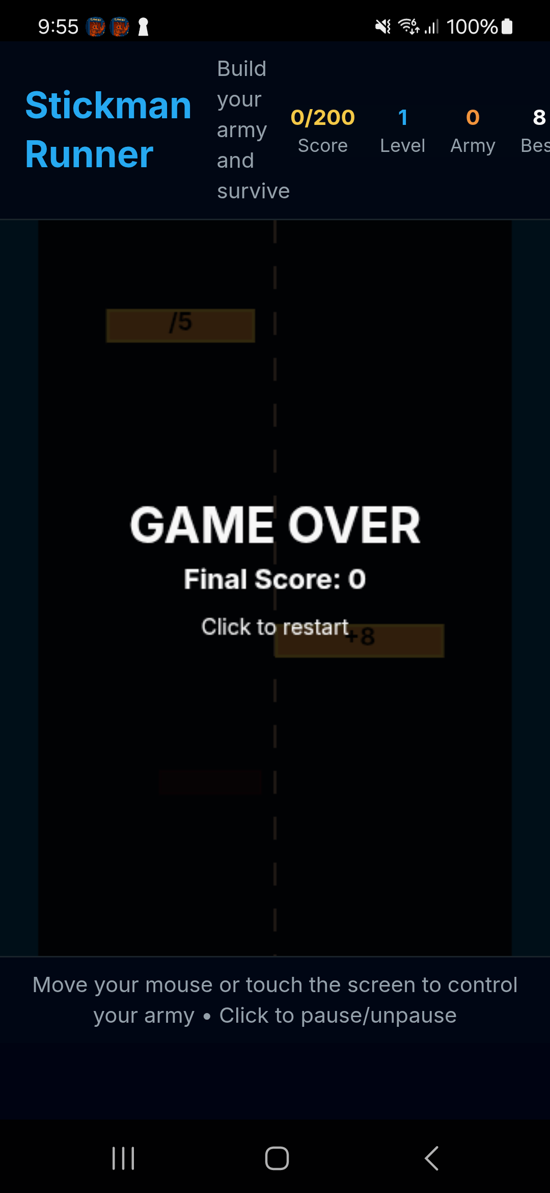 Stickman Rush — Game Over Screen